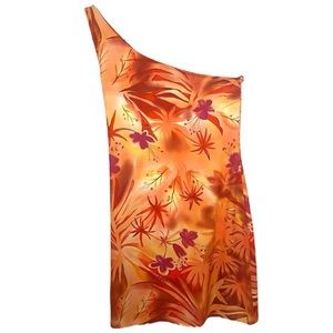 Vintage Y2K Party One Shoulder Sleeveless Bodycon Mini Dress in Orange Hibiscus